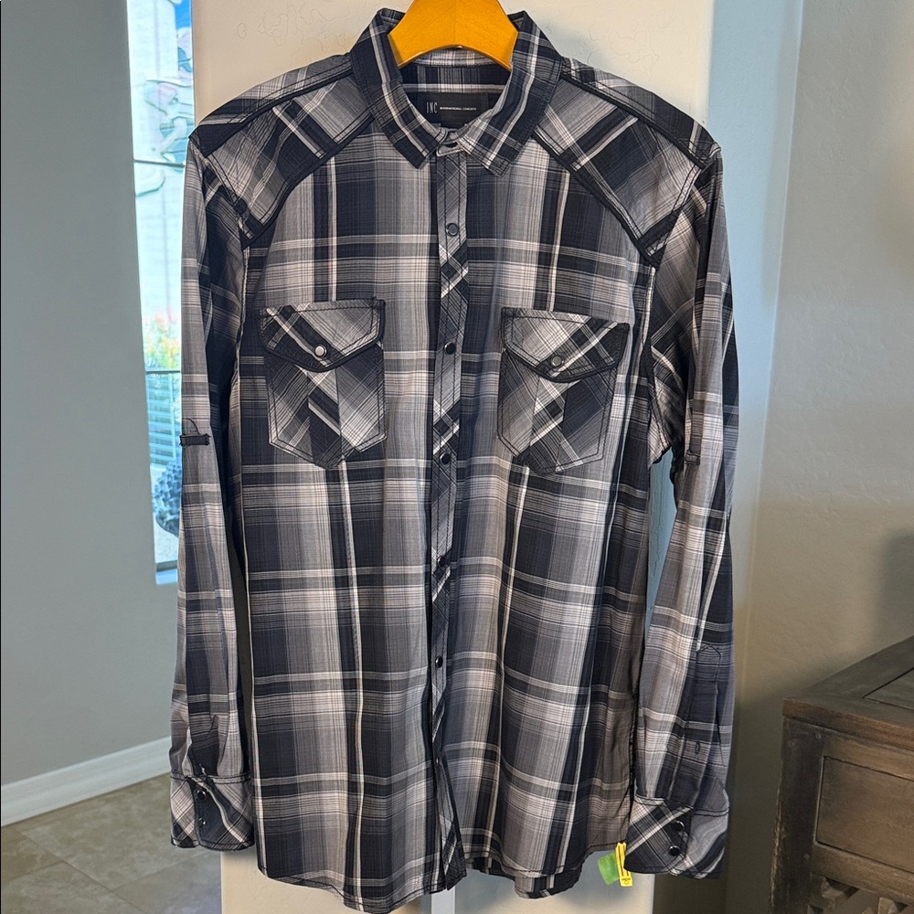 INC International Concepts Men's Western Pearl snap Black Plaid Shirt LG